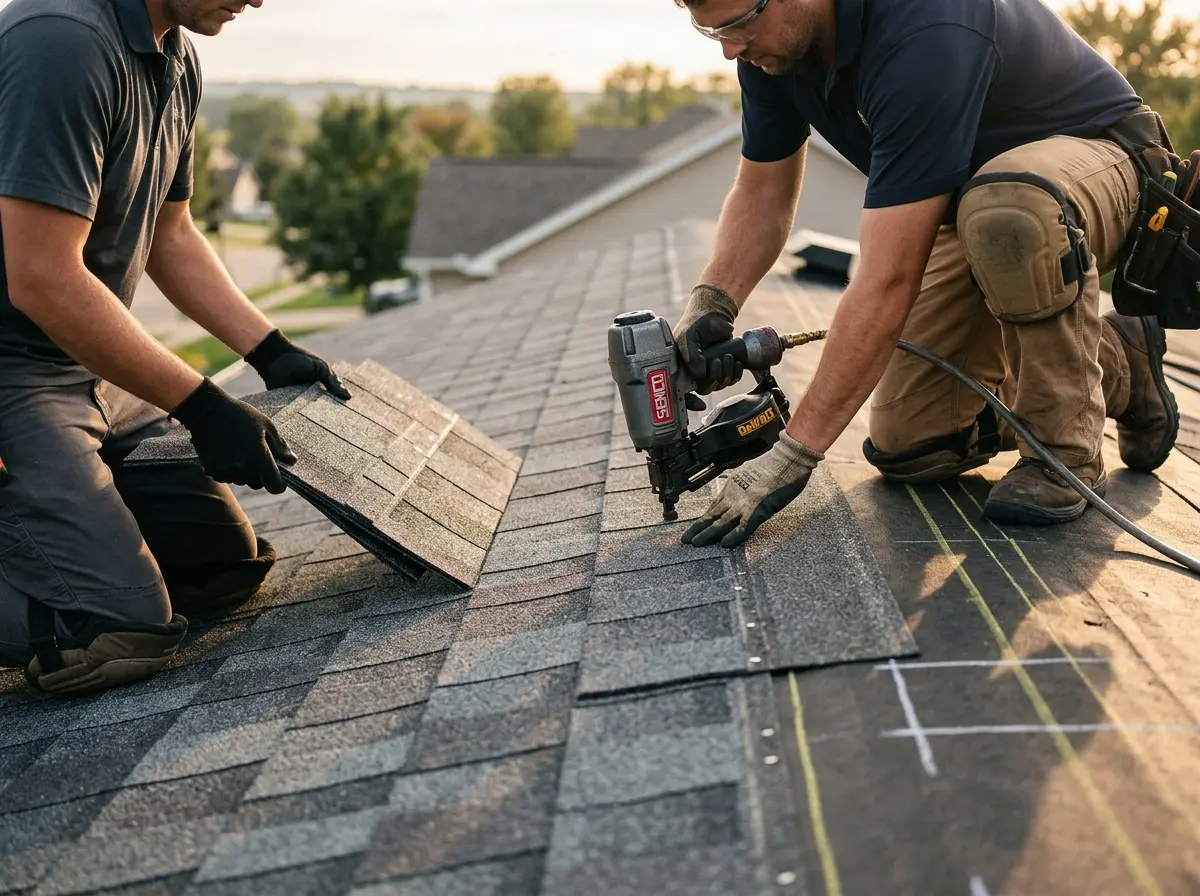 Professional roofer working on a residential roof in Cumming